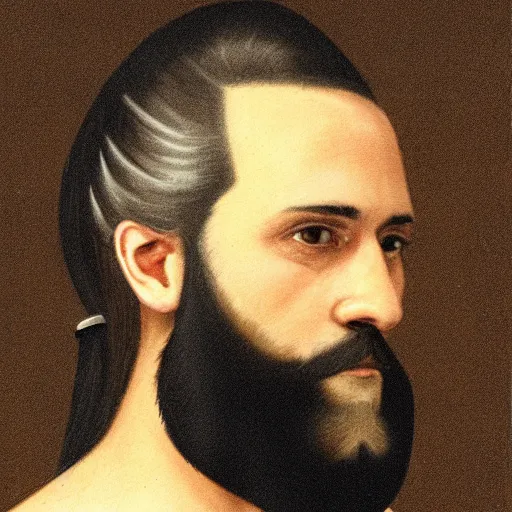 Image similar to portrait of a man in his 30s with a long black beard and black hair pulled back into a pony tail, medium plump nose, blue eyes, tan complexion, visible gauges in both ears.