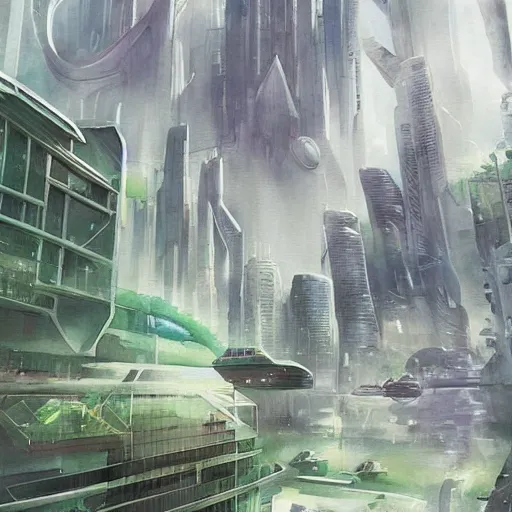 Image similar to Beautiful futuristic sci-fi city in harmony with nature. Nice colour scheme, soft warm colour. Beautiful detailed watercolor by Lurid. (2022)