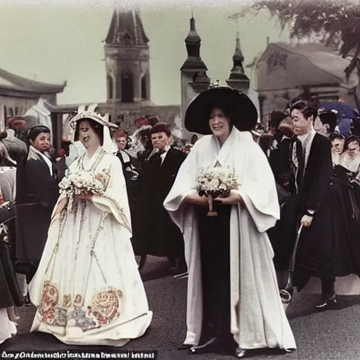 Prompt: The Empress was smiling and waving to the spectators as they waited outside the church in this extreme wide shot, coloured black and white Russian and Japanese combination historical fantasy photographic image of a Royal wedding taken in 1907 by the event's official photographer