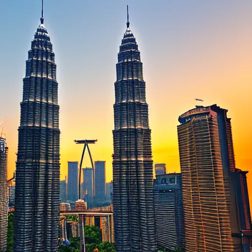 Prompt: the petronas towers replaced in the kuala lumpur skyline with elac debut floor standing speakers, ultra realistic, kodachrome 6 4, golden hour image