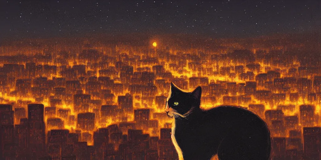 Image similar to A cat overlooking a city at night by Alena Aenami