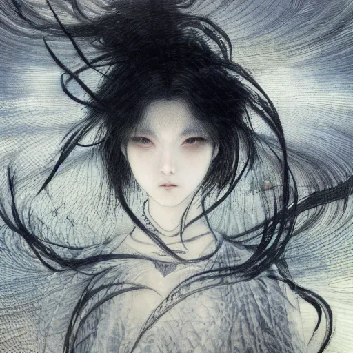 Image similar to yoshitaka amano blurred and dreamy realistic illustration of a japanese woman with black eyes, wavy white hair fluttering in the wind wearing elden ring armor with engraving, abstract patterns in the background, satoshi kon anime, noisy film grain effect, highly detailed, renaissance oil painting, weird portrait angle, blurred lost edges, three quarter view