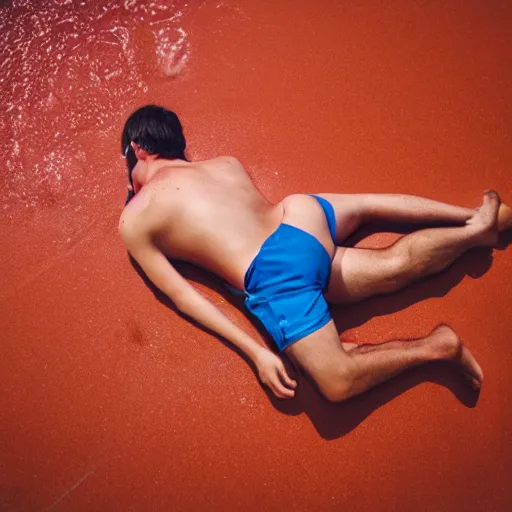 Prompt: lifeguard sleeping on the ground next to a pool, photography, 4 k, dim lighting