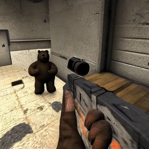 Prompt: a screenshot of a teddy bear inside a counter strike game