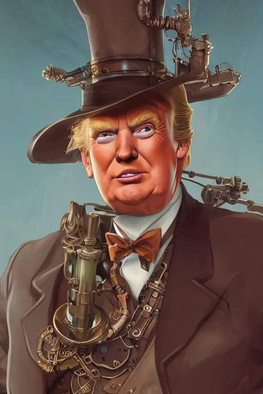 Prompt: anthropomorphic trump as steampunk half - cyborg, western, high fantasy, dnd, smooth, sharp focus, illustration, highly detailed, digital painting, artstation, concept art, by disney animation, rossdraws, alphonse mucha, frank fanzzeta, collectible card art