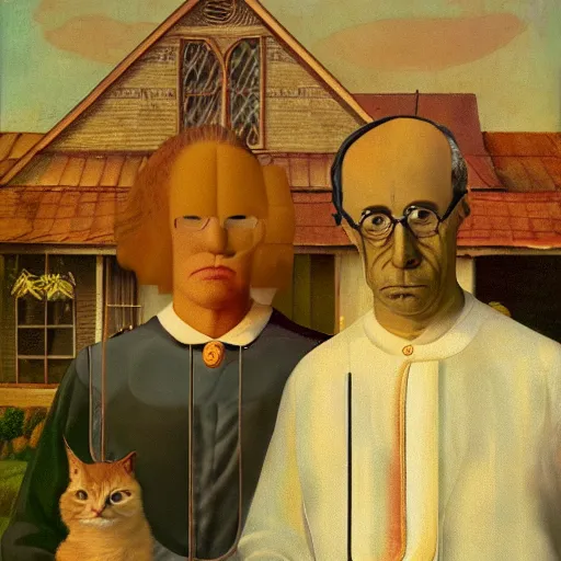 Image similar to fat orange tabby cat next curly haired man, style of american gothic by grant wood