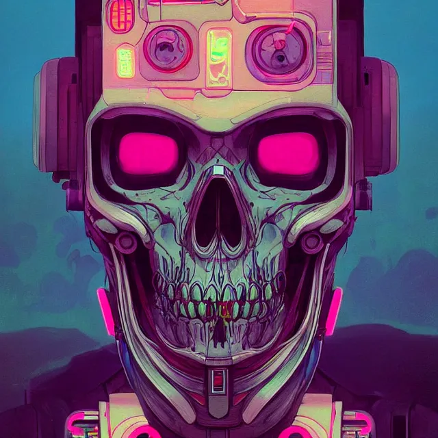 Prompt: a beautiful portrait painting of a ( ( ( cyberpunk ) ) ) robot skull by simon stalenhag and pascal blanche and alphonse mucha and nekro. in style of digital art. colorful comic, film noirs, symmetry, brush stroke, vibrating colors, hyper detailed. octane render. trending on artstation