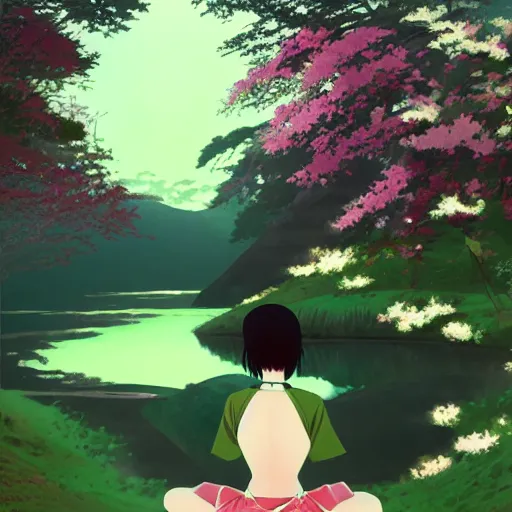 Image similar to anime key visual of a woman with short green hair meditating near a japanese spring by ilya kuvshinov