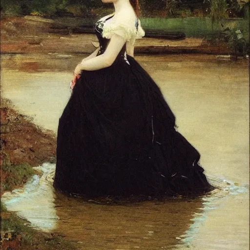 Prompt: young victorian lady in ball gown wading through a river, painted by alfred stevens