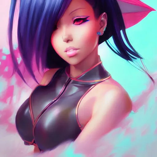 Image similar to anime portrait of Niki Minaj as an anime girl by Stanley Artgerm Lau, WLOP, Rossdraws, James Jean, Andrei Riabovitchev, Marc Simonetti, and Sakimichan, trending on artstation