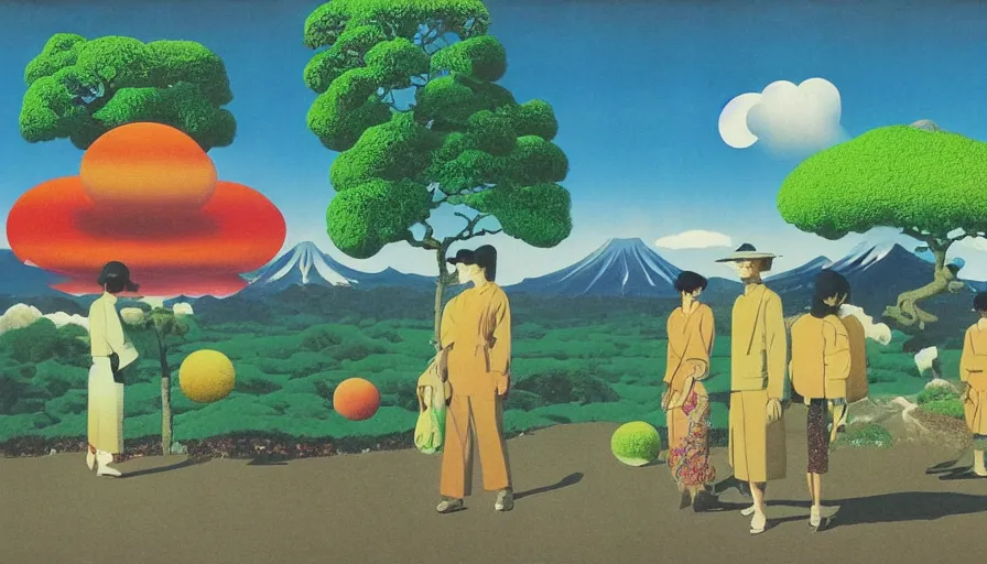 Image similar to Japan rural splendor travel and tourism c2050, surrealist psychedelic collage painting in the style of Magritte, Roger Dean, Yoshio Awazu, vivid color