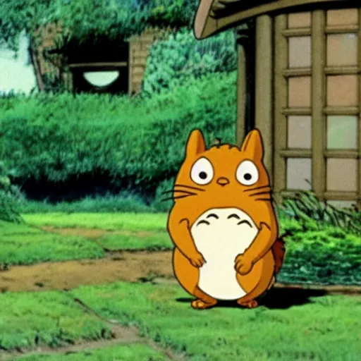 Prompt: A still of Garfield in My Neighbor Totoro (1988)”