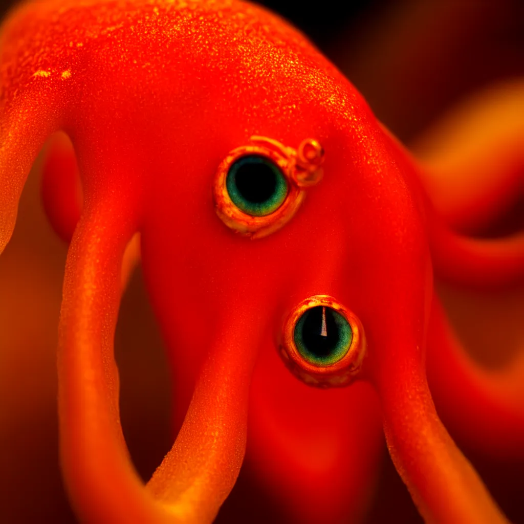 Image similar to fiery whimsical emotional eyes cephalopod, in a photorealistic macro photograph with shallow dof