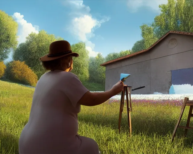 Image similar to of a very beautiful scene. ambient occlusion render. a sweet fat old woman is painting a pastoral landscape on the wall. hyper realistic. 4 k. wide angle. wild. symmetrical face, red mouth, blue eyes. deep focus, lovely scene. ambient occlusion render. concept art. unreal engine.