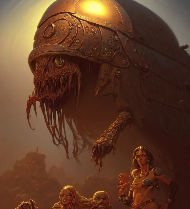 Image similar to subsurface scattering, closeup on a caravan that rests at an oasis, the art of athas and dark sun, brom's dark sun art on a 7 0's style fantasy novel cover, digital painting by brom, amazingly detailed d & d art, concept art, intricate details, beautiful, volumetric lighting, ultrarealistic, cgsociety, artstation