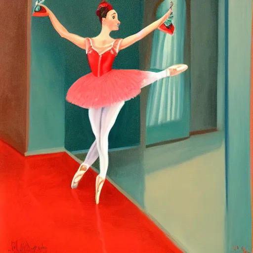 Image similar to painting of a ballerina drinking wine in a teal room, red background