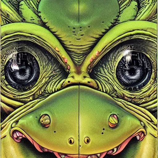 Image similar to portrait closeup of crazy pepetgte frog, symmetrical, cinematic colors, by yoichi hatakenaka, masamune shirow, josan gonzales and dan mumford, ayami kojima, takato yamamoto, barclay shaw, karol bak, yukito kishiro