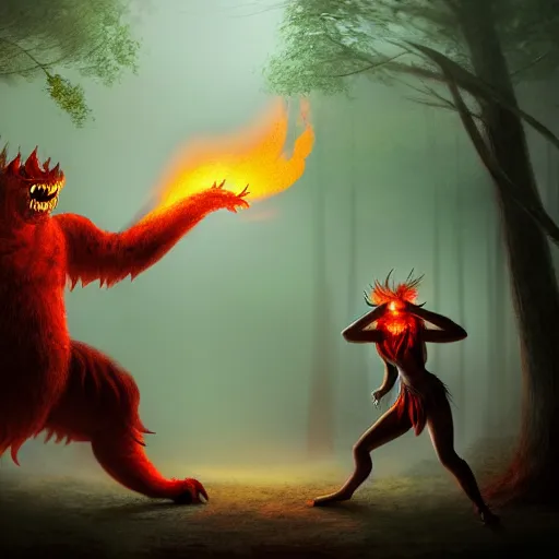 Image similar to fire magician fighting a monster in a misty forest, highly detailed, wlop style, artstation, soft light, sharp focus, illustration