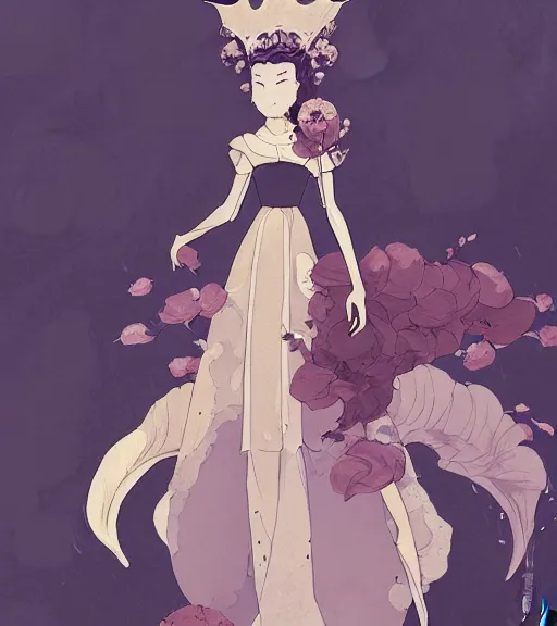 Prompt: portrait of a baroque dress design inspired by flower for fantasy world queen by atey ghailan, by greg rutkowski, by studio ghibli, by greg tocchini, by james gilleard, by joe fenton, by kaethe butcher, dynamic lighting, grunge aesthetic