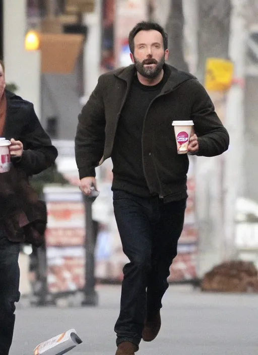 Image similar to ben affleck being chased by a giant cup of dunkin donuts coffee, running scared