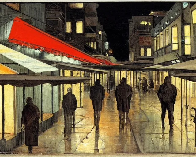 Image similar to a melancholy rainy night in a food street of cyberpunk city de chirico