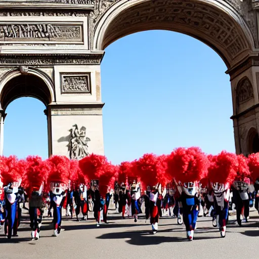 Image similar to a large group of people wearing clown hats marching in formation through the arc de thriump.