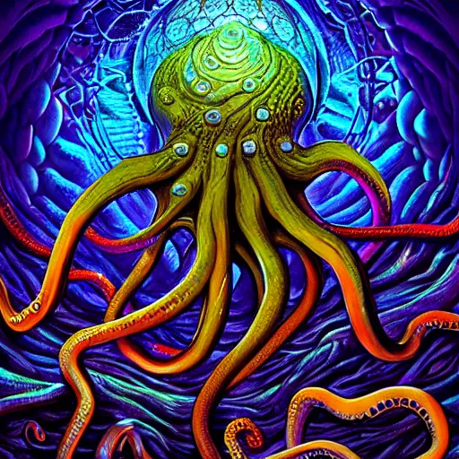 Image similar to Lovecraft Mythos Eldritch Octopus, 4D game fanart CGSociety by Dan Mumford, by Josephine Wall, Dan Witz and Lois van baarle, ilya kuvshinov, rossdraws global illumination, cosmic infused background