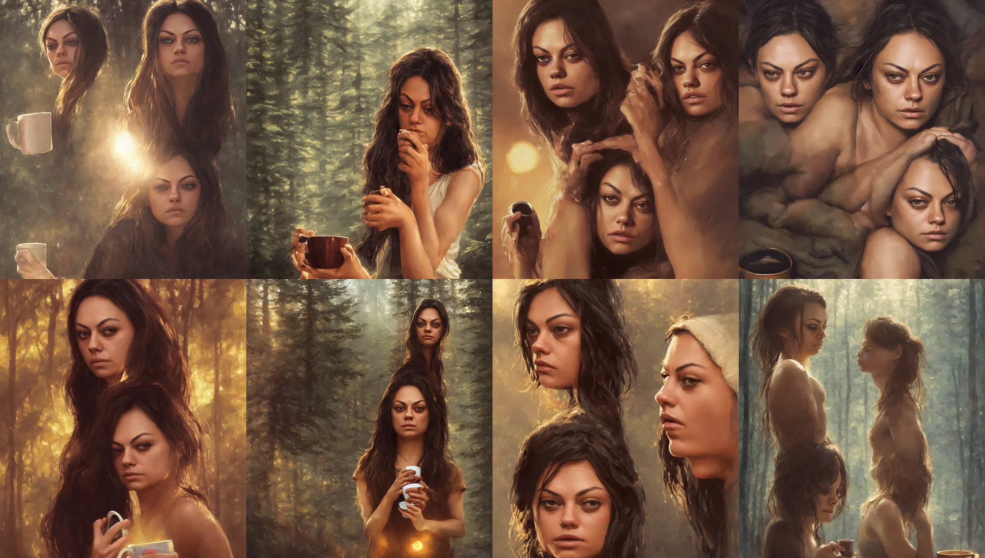 Image similar to close portrait of sleepy mila kunis waking up with coffee, dramatic light, morning golden hour, forest cabin background, 2 0 0 mm focal length, 1 9 7 0 s, painted by stanley lau, painted by greg rutkowski, painted by stanley artgerm, digital art, trending on artstation