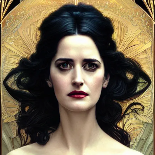 Image similar to beautiful detailed picture of eva green as yennefer, radiant light, art nouveau, intricate, elegant, highly detailed, symmetrical face, my rendition, digital painting, artstation, concept art, smooth, sharp focus, illustration, art by artgerm and greg rutkowski and alphonse mucha