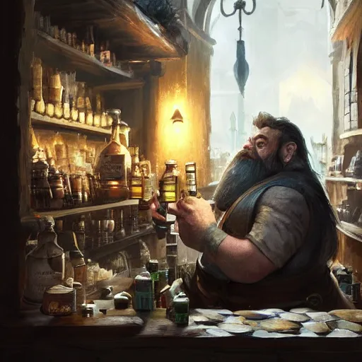 Prompt: a beautiful portrait of a dwarf running a potion shop, big-beard, by Greg Rutkowski and Raymond Swanland, Trending on Artstation, ultra realistic digital art