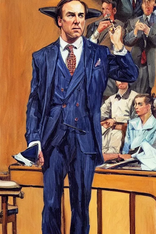 Image similar to saul goodman wearing colorful suit in courtroom, painting by jc leyendecker!!!, angular!!, brush strokes, painterly, vintage, crisp