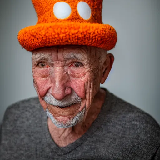 Prompt: portrait of an elderly man wearing a hotdog hat, 🌭, canon eos r 3, f / 1. 4, iso 2 0 0, 1 / 1 6 0 s, 8 k, raw, unedited, symmetrical balance, wide angle