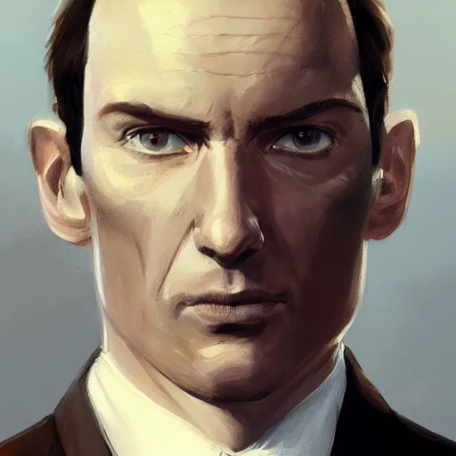 Image similar to Portrait of a man by Greg Rutkowski, he is about 40 years old, mixture between russian and irish, side parted combover brown hair, attractive, NARROW sharp ANGULAR hawkish features, hooked nose , extremely pale white skin, smart looking, he is wearing a black futuristic lawyer outfit, highly detailed portrait, scifi, digital painting, artstation, concept art, smooth, sharp foccus ilustration, Artstation HQ