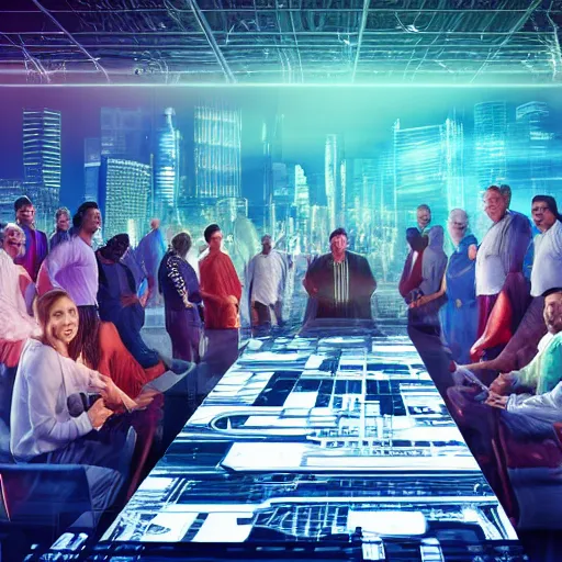 Prompt: large group people in a huge warehouse, gathered around a hologram of futuristic city on a table | 1 2 0 mm | cinematic still | godrays | 4 k | clear details