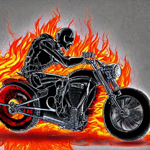 Image similar to Ghost Rider riding motorcycle through the gates of hell, detailed digital art,