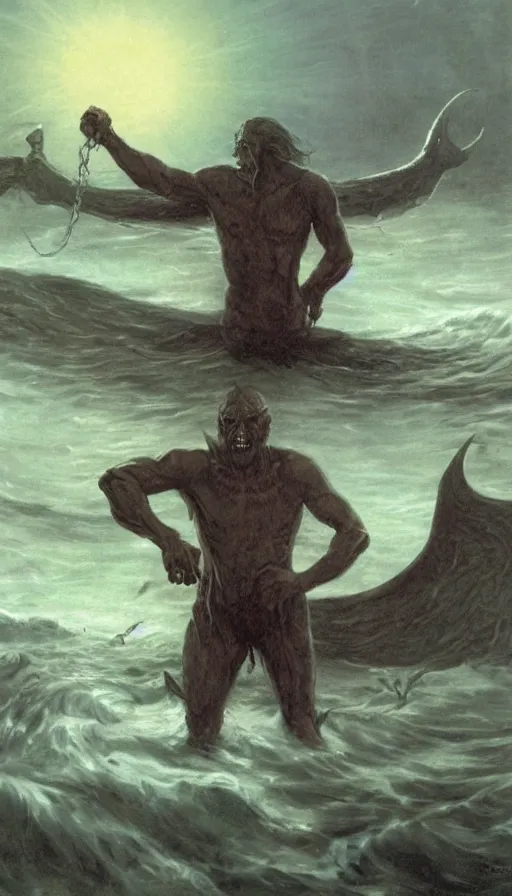 Prompt: man on boat crossing a body of water in hell with creatures in the water, sea of souls, by gerald brom,