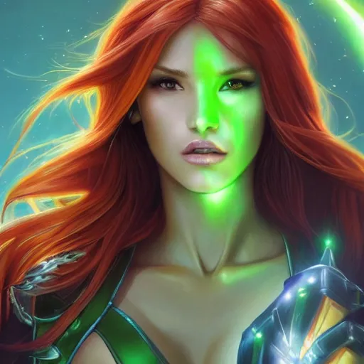 Image similar to ultra realistic illustration, bella thorne as starfire anime with glowing green eyes, intricate, elegant, highly detailed, digital painting, artstation, concept art, smooth, sharp focus, illustration, art by artgerm and greg rutkowski and alphonse mucha