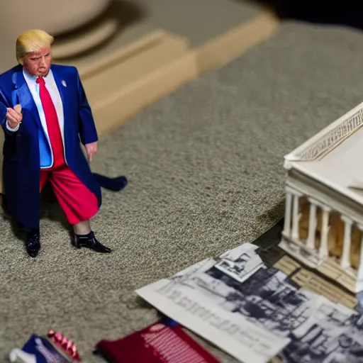 Image similar to a detailed photo of donald trump as an action figure toy in whitehouse diorama, macro photography, zoom, table