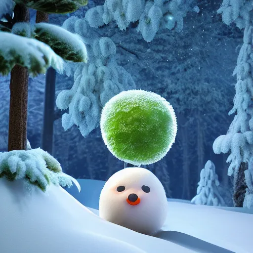 Prompt: a portrait of a mochi cannabis leaf snowball cute friendly character snowboards in a gelatinous australian ❄ environment 3 d rendered in octane, 8 k, by eyvind earle