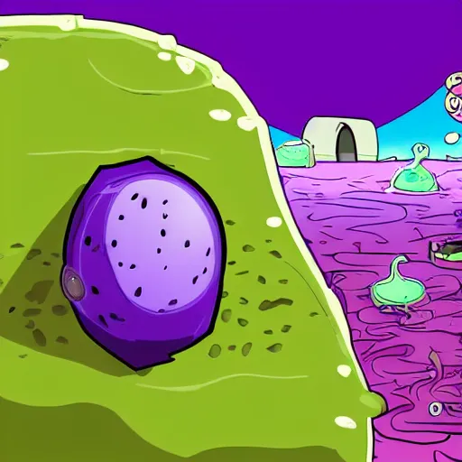 Prompt: Giant purple sphere of slime floating above an underwater city, cartoon artwork, in the style of Spongebob