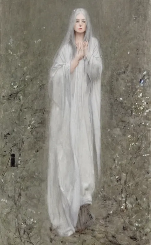 Prompt: say who is this with silver hair so pale and wan! and thin? flowing hair covering front of body, white robe, white dress!! of silver hair, covered!!, clothed!! lucien levy - dhurmer, fernand keller, fernand khnopff, oil on canvas, 1 8 9 6, 4 k resolution, aesthetic, mystery