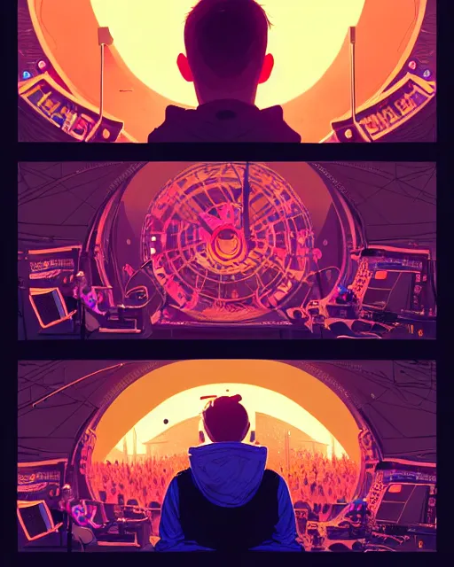 Prompt: tomorrowland, hyper - realistic portrait of a man in a hoodie, in the center of a stage of a music festival, intricate, 4 k, by atey ghailan, by greg rutkowski, by greg tocchini, by james gilleard, by joe fenton, by kaethe butcher, dynamic lighting, lighting color scheme, sharp focus, grunge aesthetic