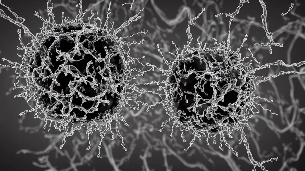 Image similar to beautiful 3 d photo of deadly virus infecting a cell, seen through a microscope, detailed, high contrast, dark, sinister, ambient, monochrome, depth of field, scientific diagram, 8 k, octane render