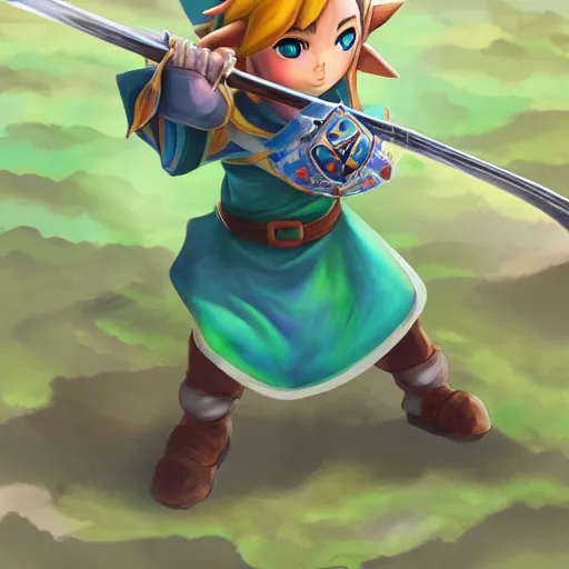 Image similar to link standing in front of the windfish egg holding up is charged sword to the sky artwork from zelda links awakening, trending on artstation