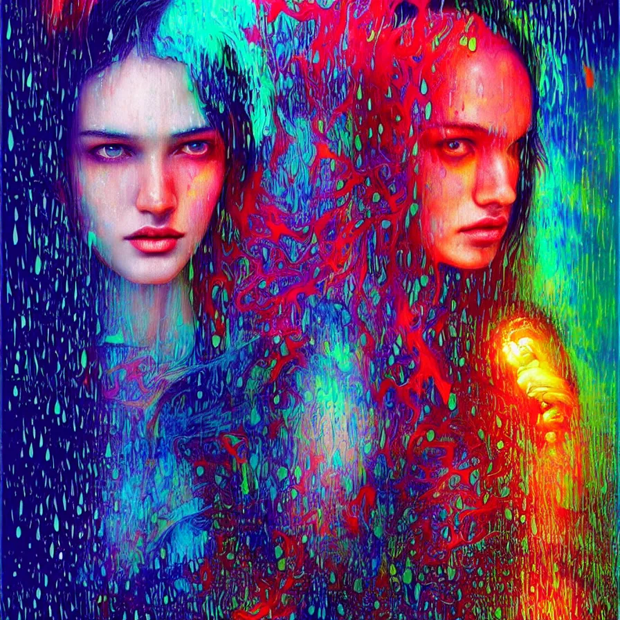 Image similar to bright asthetic portrait of LSD in rain with wet hair and one face, liquid, fantasy, intricate, elegant, dramatic lighting, highly detailed, lifelike, photorealistic, digital painting, artstation, illustration, concept art, smooth, sharp focus, art by John Collier and Albert Aublet and Krenz Cushart and Artem Demura and Alphonse Mucha