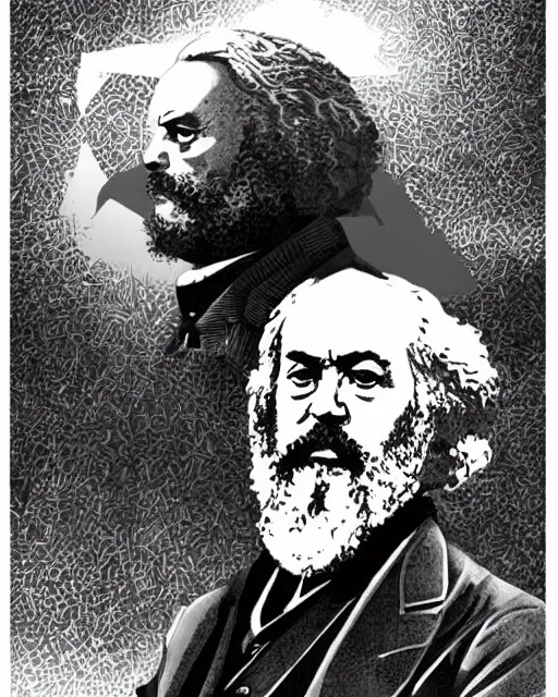 Image similar to Digital communist anime art of Karl Marx by A-1 studios, serious expression, empty warehouse background, highly detailed, spotlight