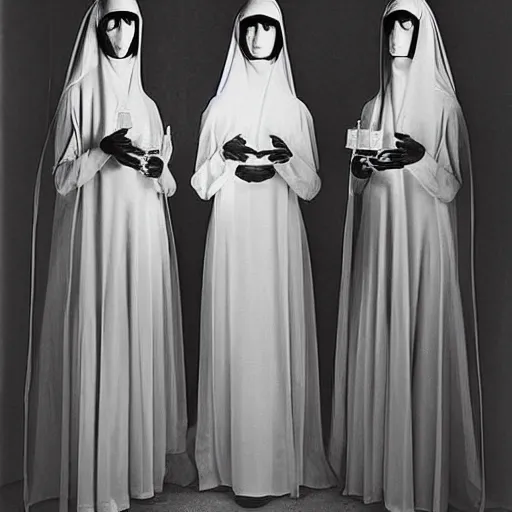 Image similar to award winning photo Floating twin nuns wearing translucent habits, see through dress, Very long arms, in a bedroom, eerie, frightening —width 1024 —height 1024