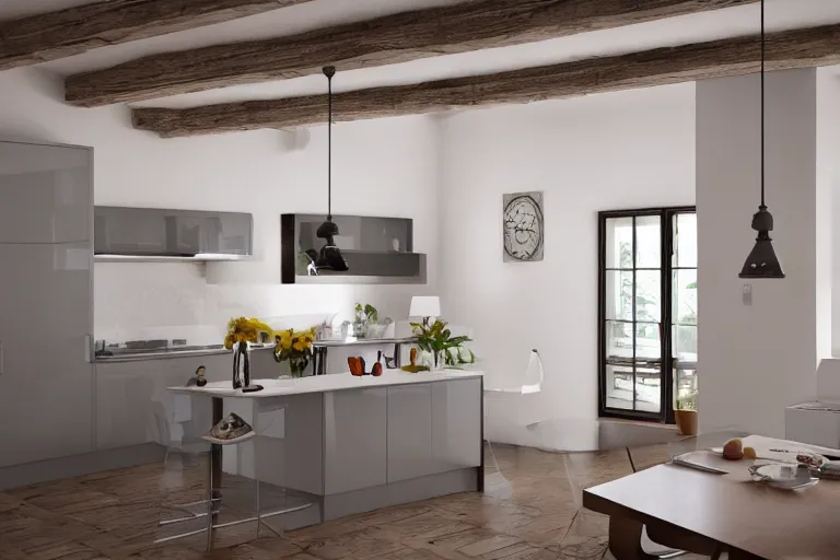 Image similar to Photography of modern Provence style kitchen with cat on the table, photorealism,