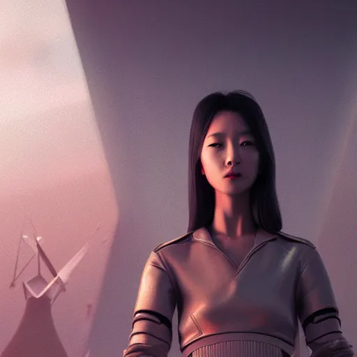 Prompt: Lee Jin-Eun by Vincent Di Fate, rule of thirds, seductive look, beautiful, in intergalactic hq, octane render