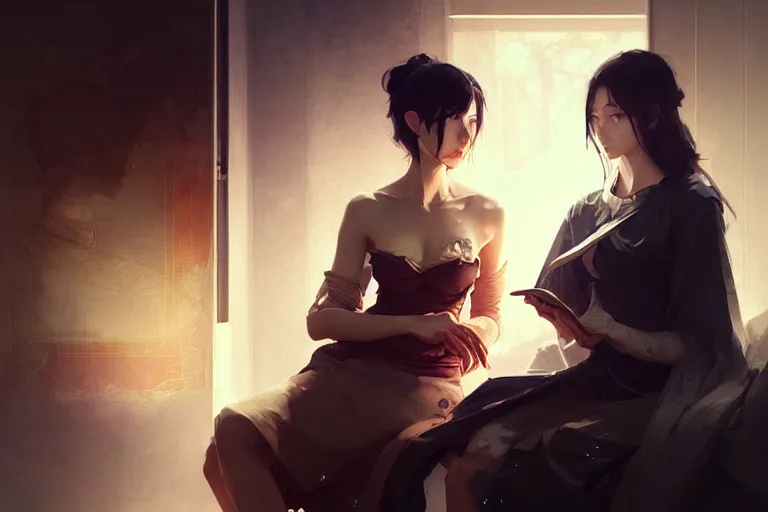 Image similar to portrait of two wise and very beautiful women discussing some texts, art by guweiz and greg rutkowski, intricate, elegant, highly detailed, smooth, sharp focus, artstation